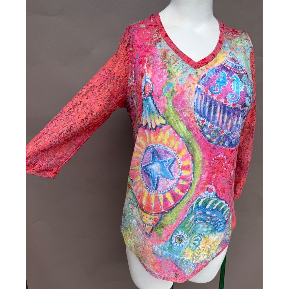 Leoma Lovegrove Top Womans Medium Ocean Christmas Beachy Coastal Asymmetrical - Picture 3 of 14